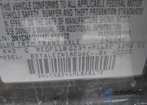 2021 Nissan Versa S Xtronic Cvt z USA, uszkodzony, nr VIN 3N1CN8DV1ML858172